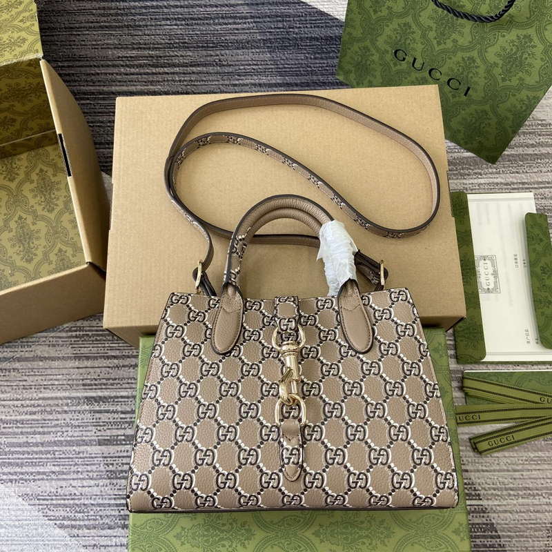 Gucci 795349 Small Tote Bag With Hook Closure Taupe and multicolour leather - Default Title - View 1