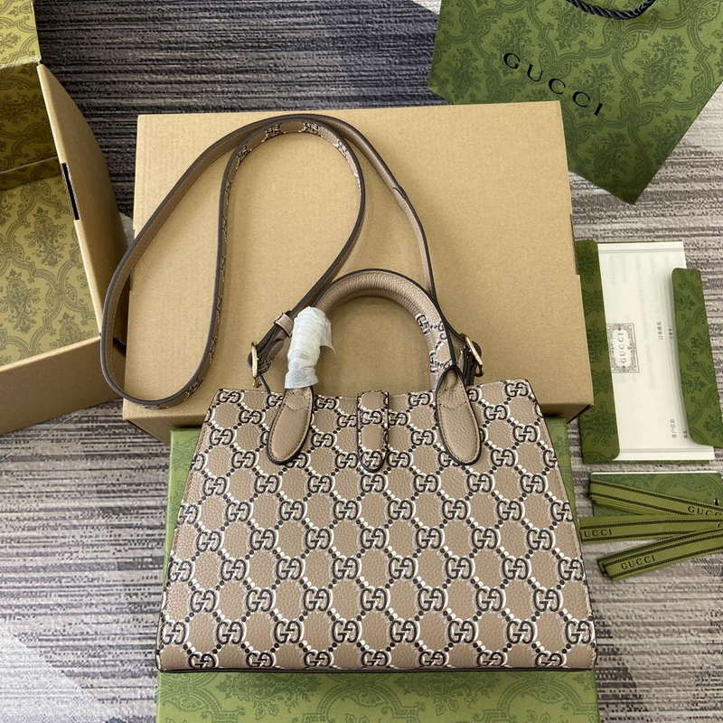 Gucci 795349 Small Tote Bag With Hook Closure Taupe and multicolour leather