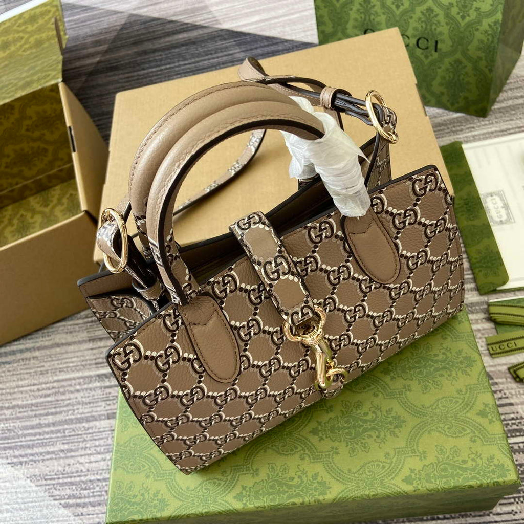 Gucci 795349 Small Tote Bag With Hook Closure Taupe and multicolour leather