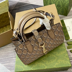 Gucci 795349 Small Tote Bag With Hook Closure Taupe and multicolour leather - Default Title - View 4