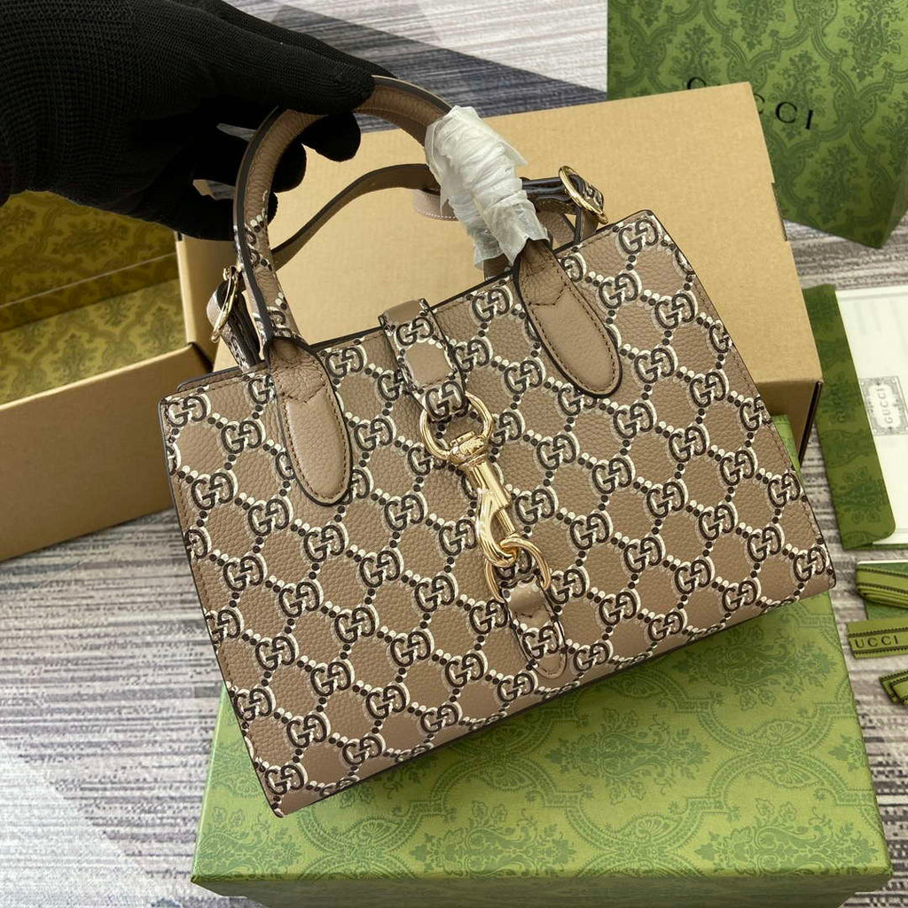 Gucci 795349 Small Tote Bag With Hook Closure Taupe and multicolour leather