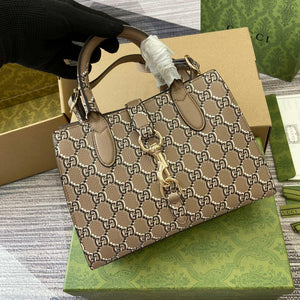 Gucci 795349 Small Tote Bag With Hook Closure Taupe and multicolour leather - Default Title - View 5
