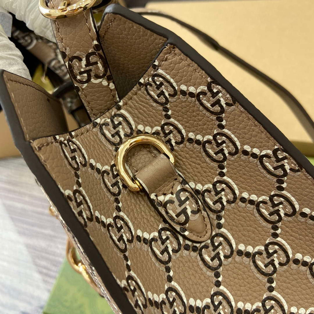 Gucci 795349 Small Tote Bag With Hook Closure Taupe and multicolour leather