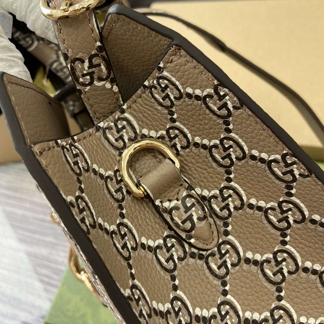 Gucci 795349 Small Tote Bag With Hook Closure Taupe and multicolour leather