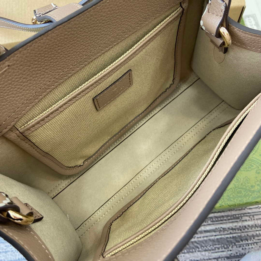 Gucci 795349 Small Tote Bag With Hook Closure Taupe and multicolour leather