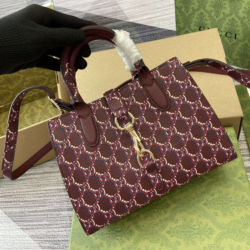 Gucci 795349 Small Tote Bag With Hook Closure Wine red and multicolour leather