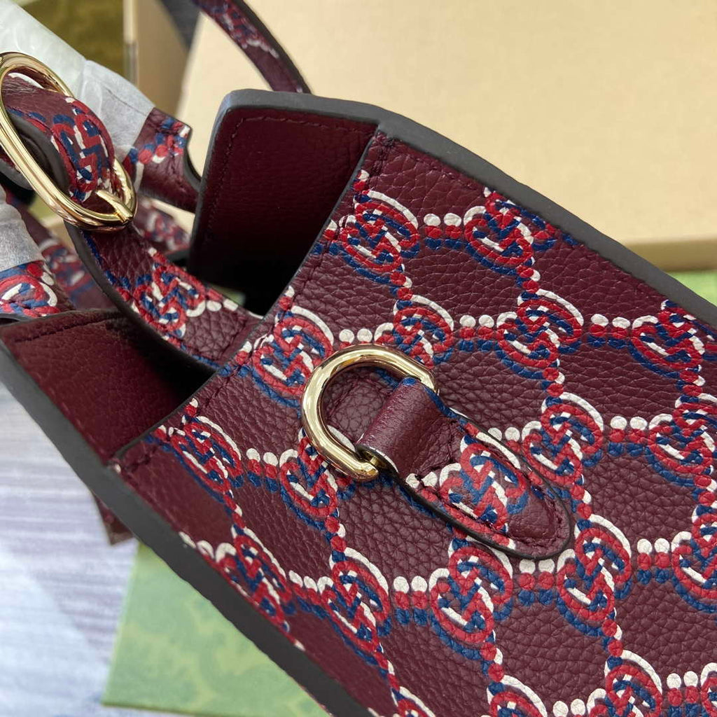 Gucci 795349 Small Tote Bag With Hook Closure Wine red and multicolour leather