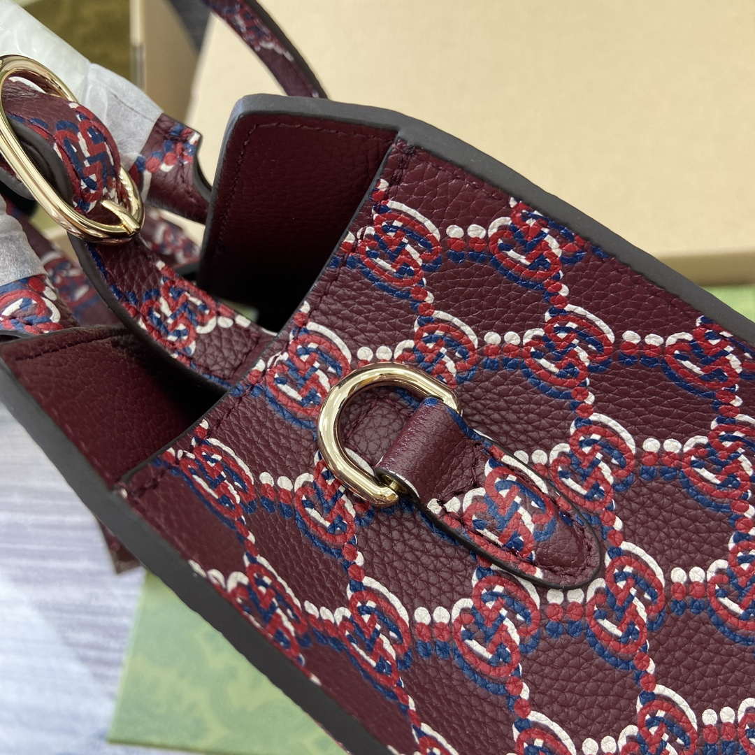 Gucci 795349 Small Tote Bag With Hook Closure Wine red and multicolour leather