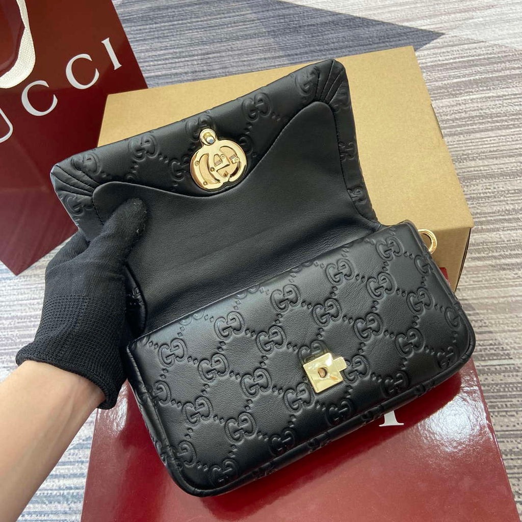 Gucci 806017 GG Milano Mini Top Handle Bag Black GG puffy leather