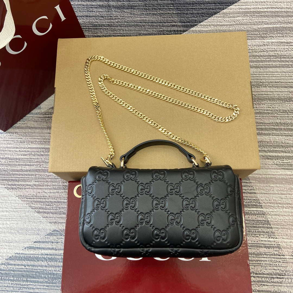 Gucci 806017 GG Milano Mini Top Handle Bag Black GG puffy leather