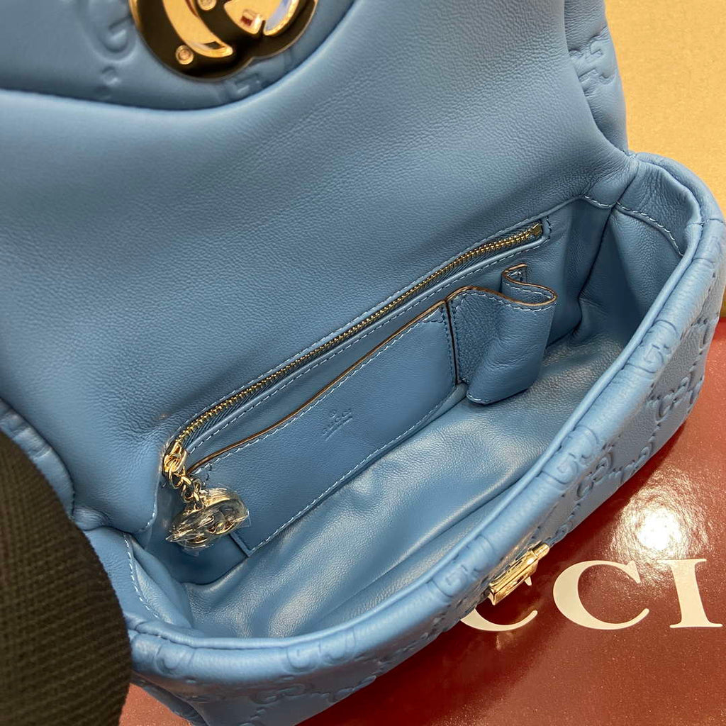 Gucci 806017 GG Milano Mini Top Handle Bag Blue GG puffy leather
