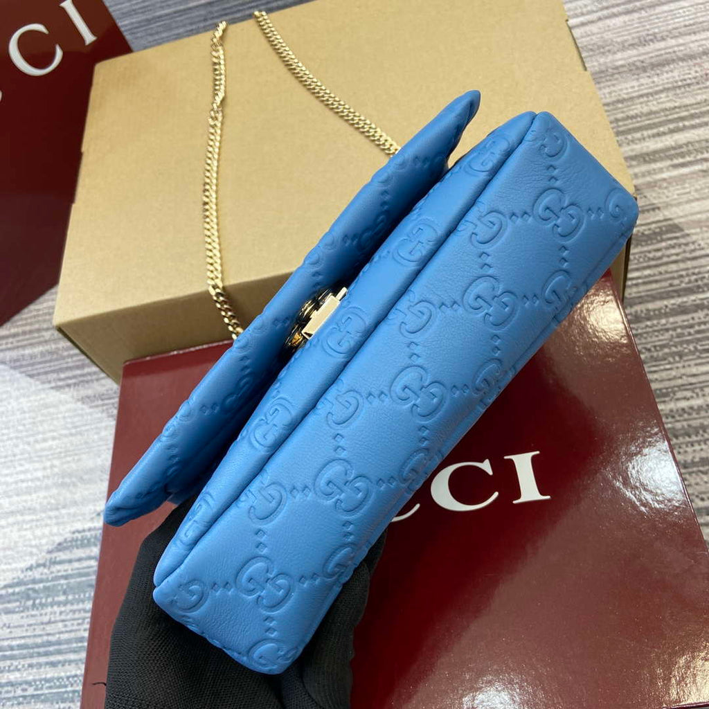 Gucci 806017 GG Milano Mini Top Handle Bag Blue GG puffy leather