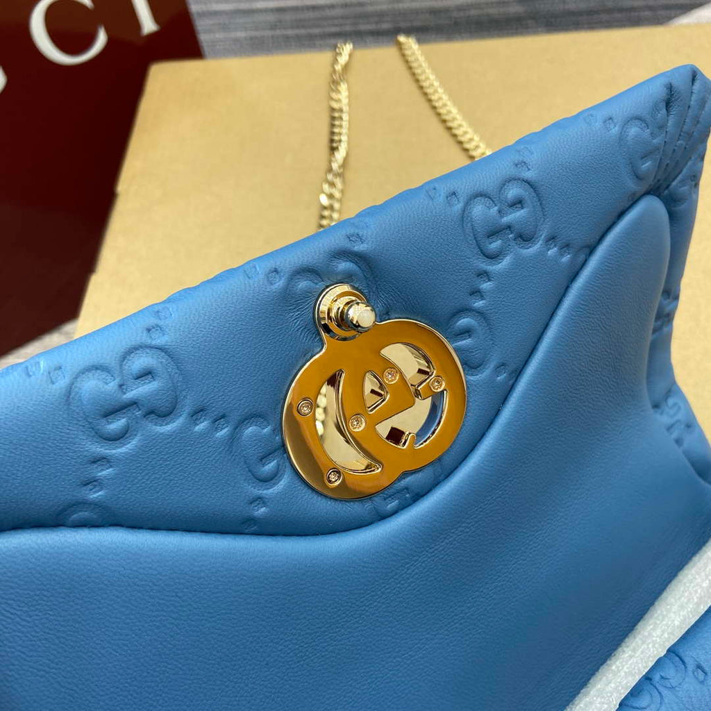 Gucci 806017 GG Milano Mini Top Handle Bag Blue GG puffy leather