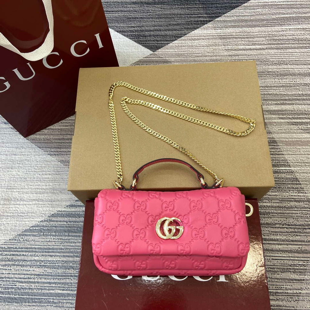 Gucci 806017 GG Milano Mini Top Handle Bag Pink GG puffy leather