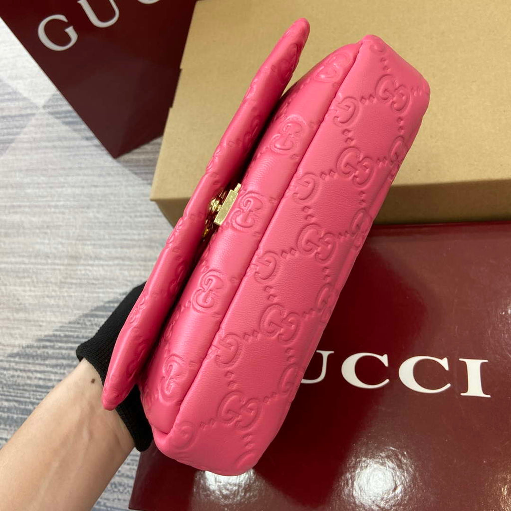 Gucci 806017 GG Milano Mini Top Handle Bag Pink GG puffy leather
