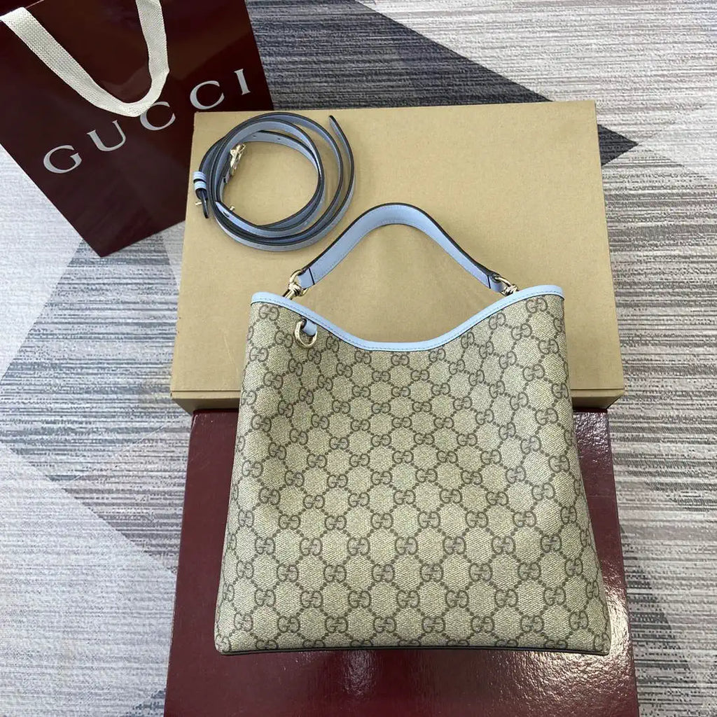 Gucci 815103 GG Emblem bucket bag Beige and Blue GG fabric