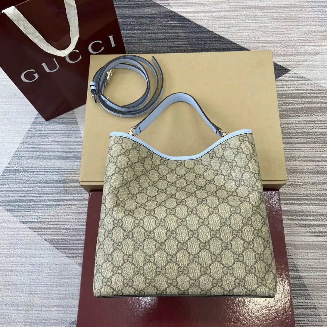 Gucci 815103 GG Emblem bucket bag Beige and Blue GG fabric