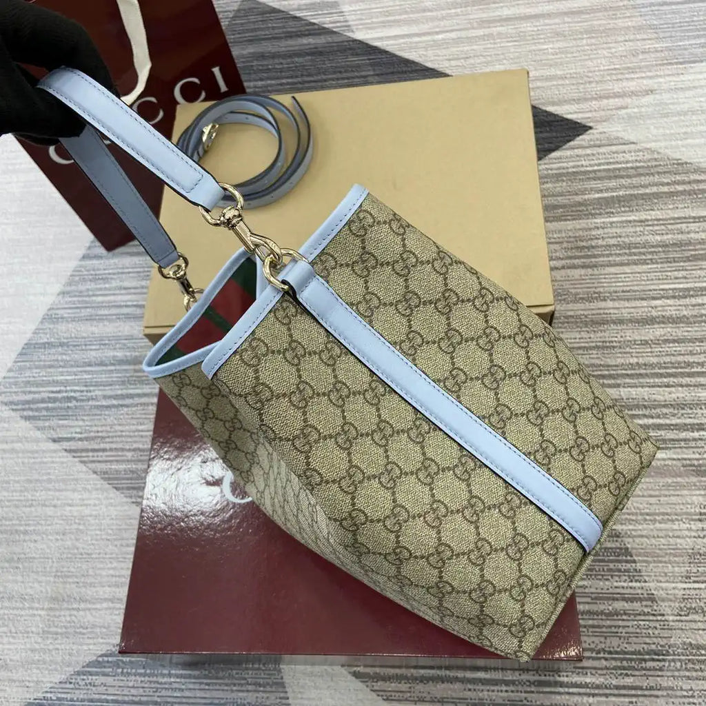 Gucci 815103 GG Emblem bucket bag Beige and Blue GG fabric