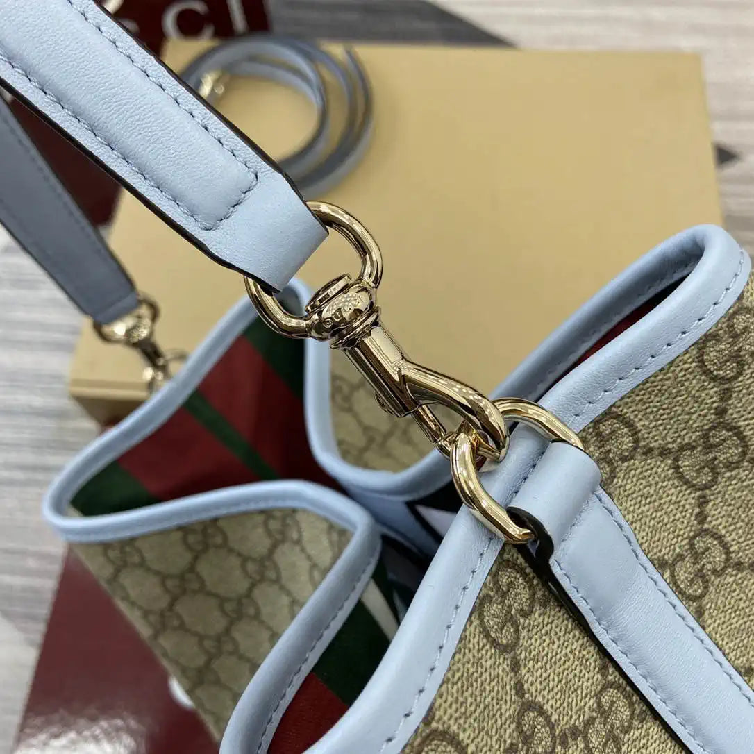 Gucci 815103 GG Emblem bucket bag Beige and Blue GG fabric