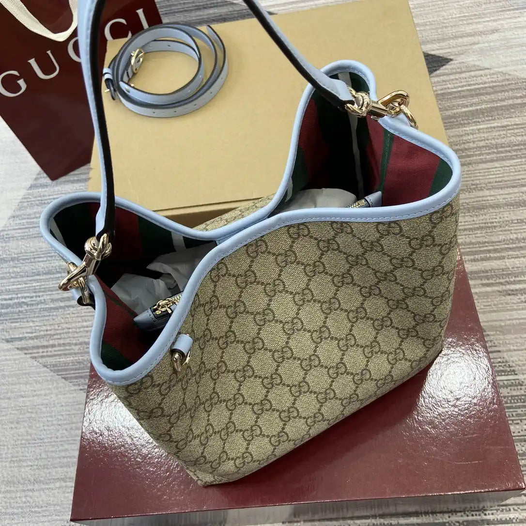 Gucci 815103 GG Emblem bucket bag Beige and Blue GG fabric