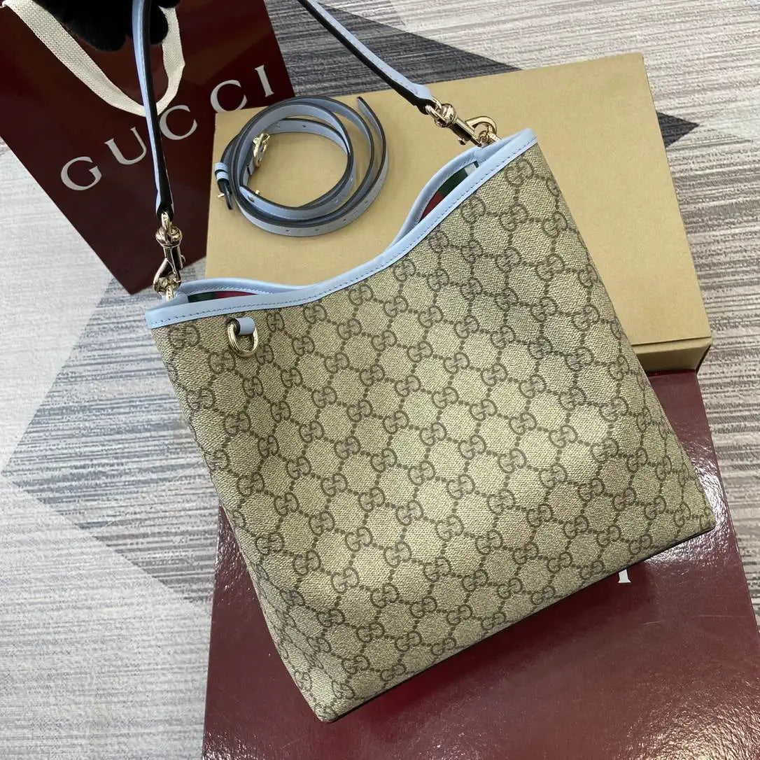 Gucci 815103 GG Emblem bucket bag Beige and Blue GG fabric