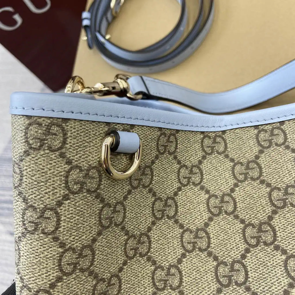 Gucci 815103 GG Emblem bucket bag Beige and Blue GG fabric
