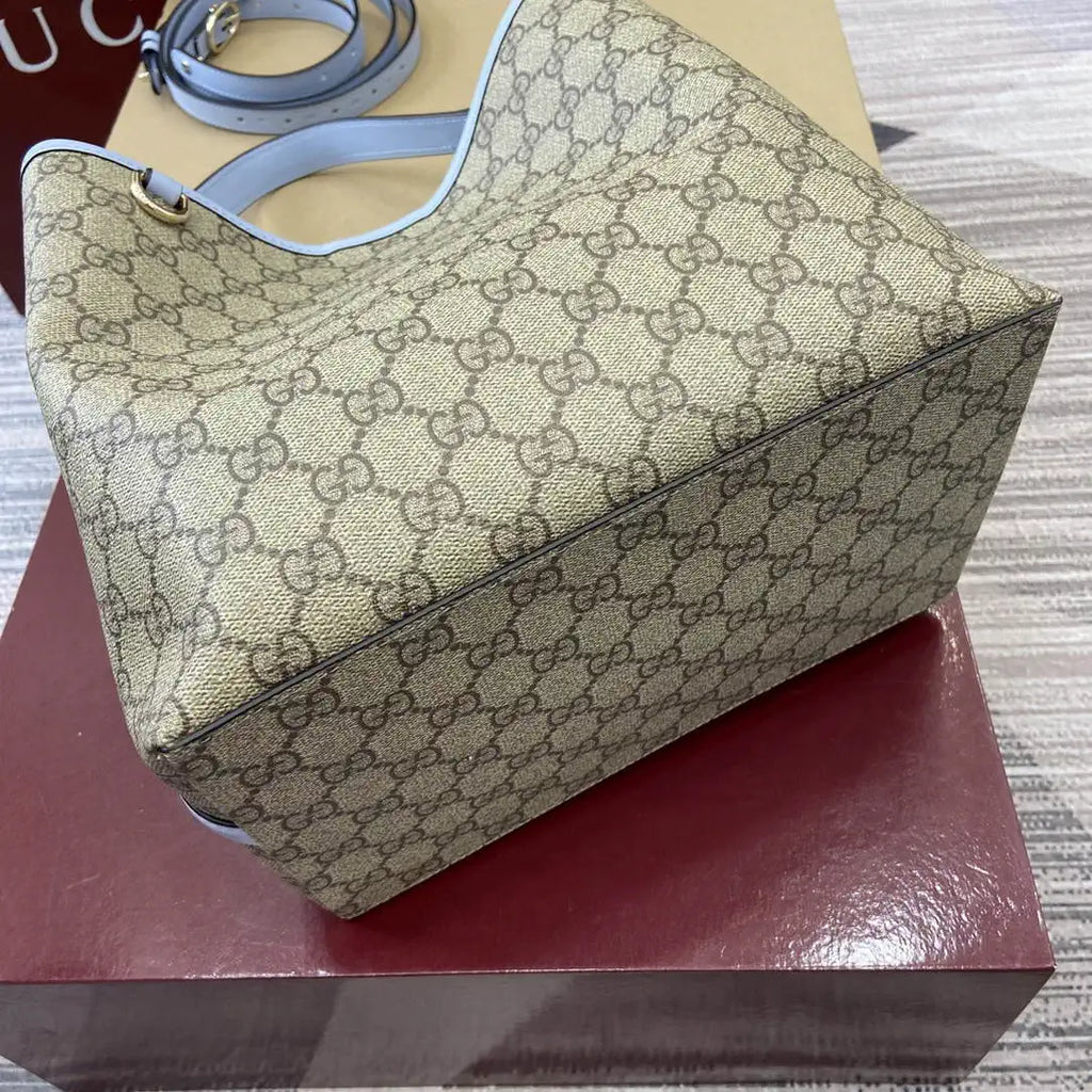 Gucci 815103 GG Emblem bucket bag Beige and Blue GG fabric
