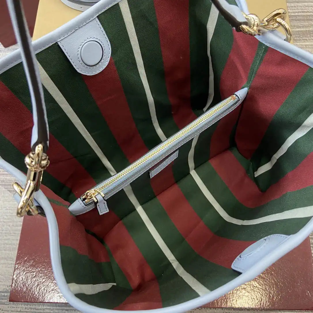 Gucci 815103 GG Emblem bucket bag Beige and Blue GG fabric