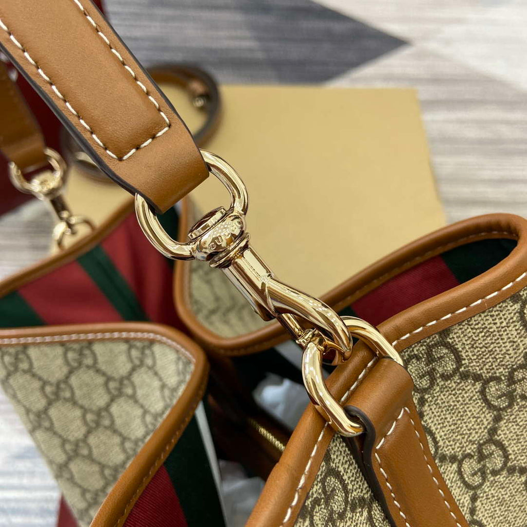 Gucci 815103 GG Emblem bucket bag Beige and dark brown