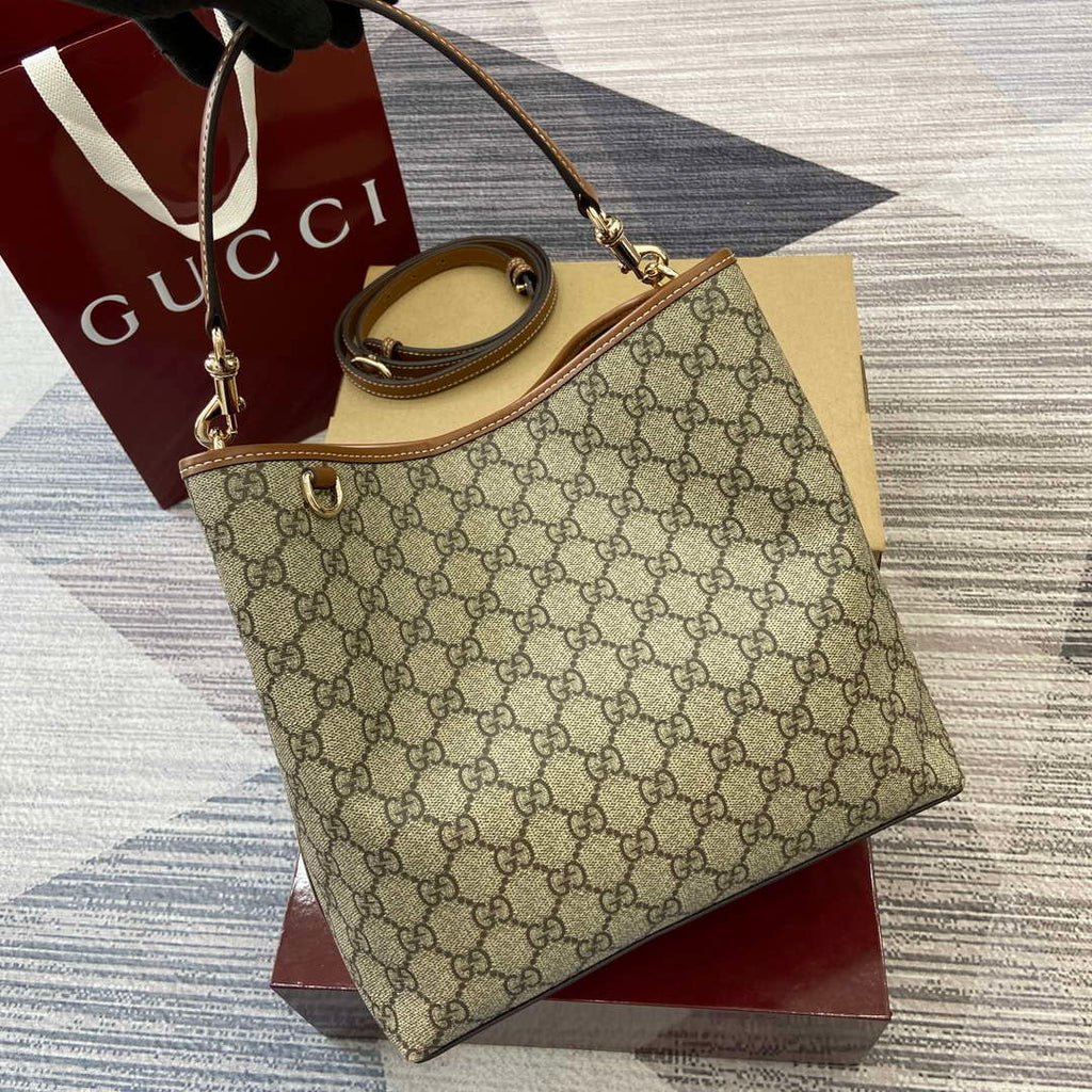 Gucci 815103 GG Emblem bucket bag Beige and dark brown