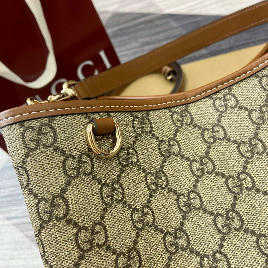 Gucci 815103 GG Emblem bucket bag Beige and dark brown