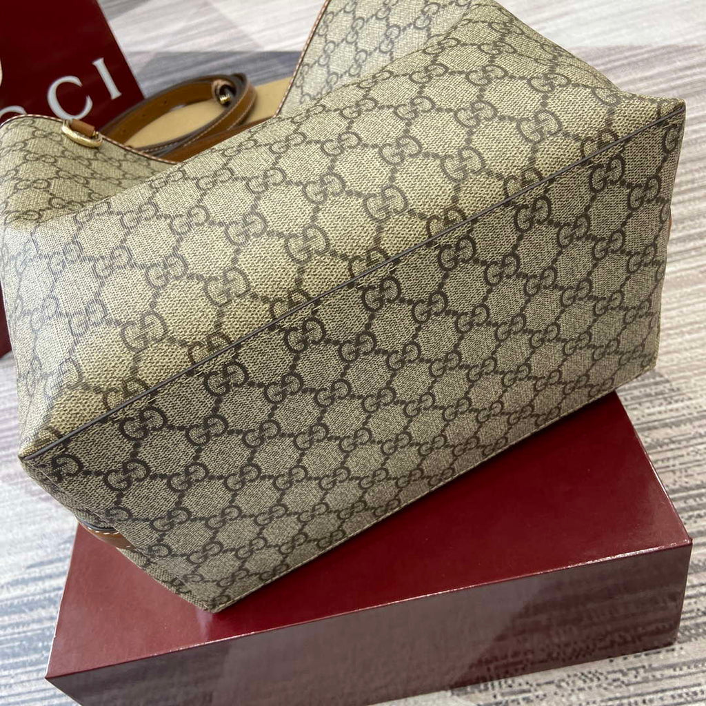 Gucci 815103 GG Emblem bucket bag Beige and dark brown