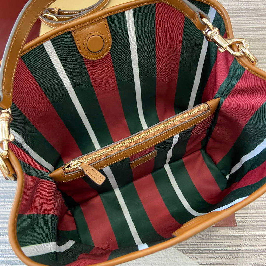 Gucci 815103 GG Emblem bucket bag Beige and dark brown