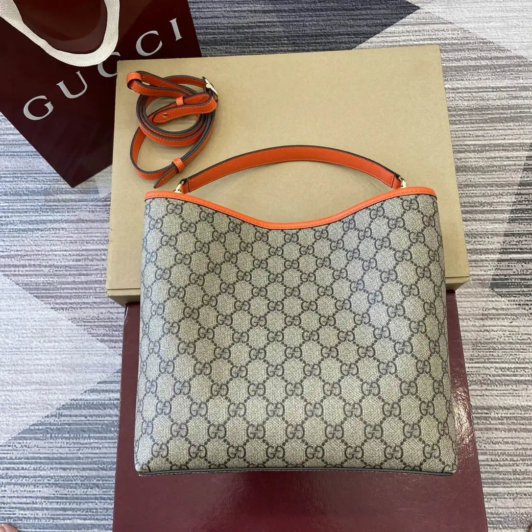 Gucci 815103 GG Emblem bucket bag Beige and Orange GG fabric