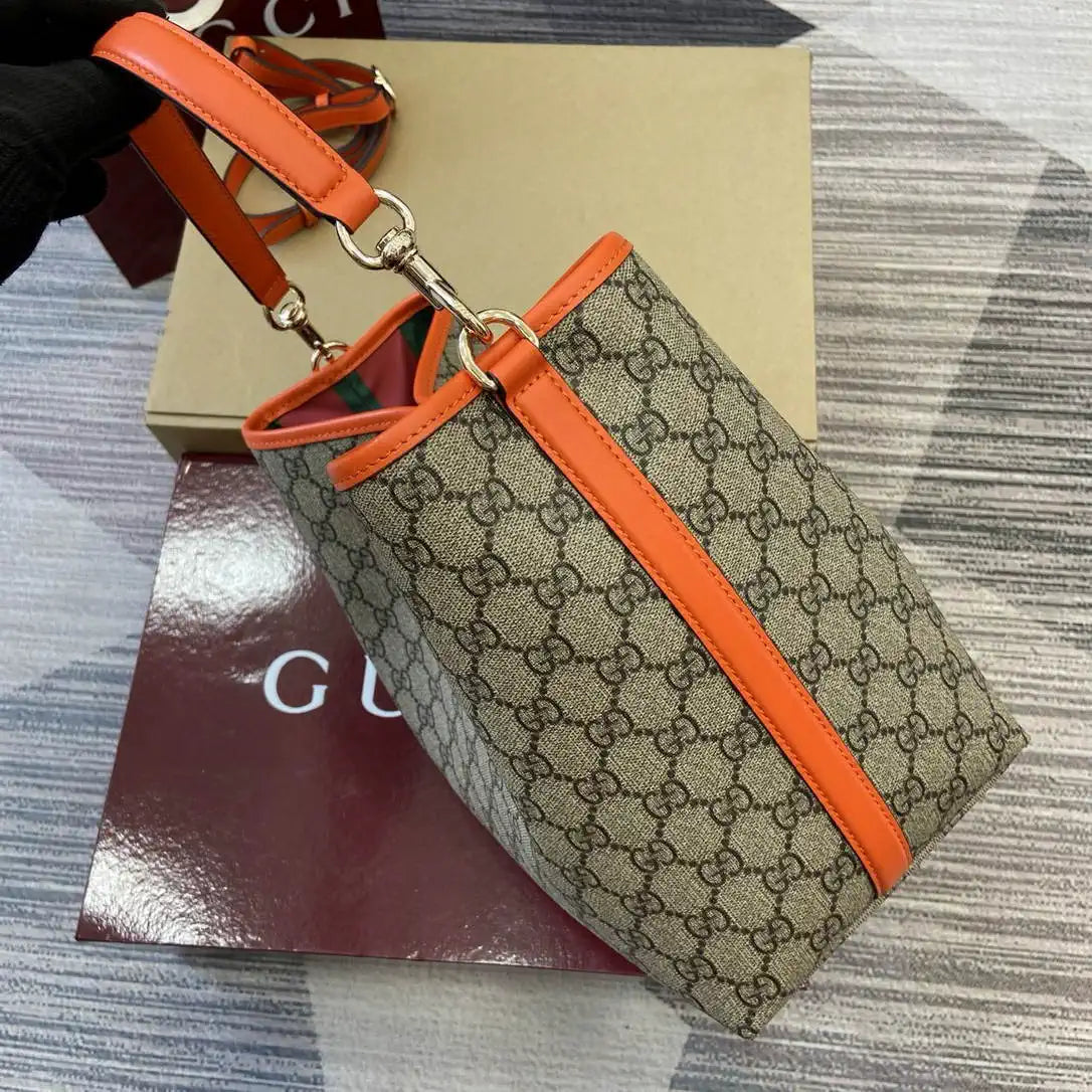 Gucci 815103 GG Emblem bucket bag Beige and Orange GG fabric