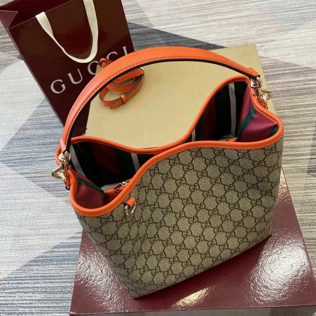 Gucci 815103 GG Emblem bucket bag Beige and Orange GG fabric
