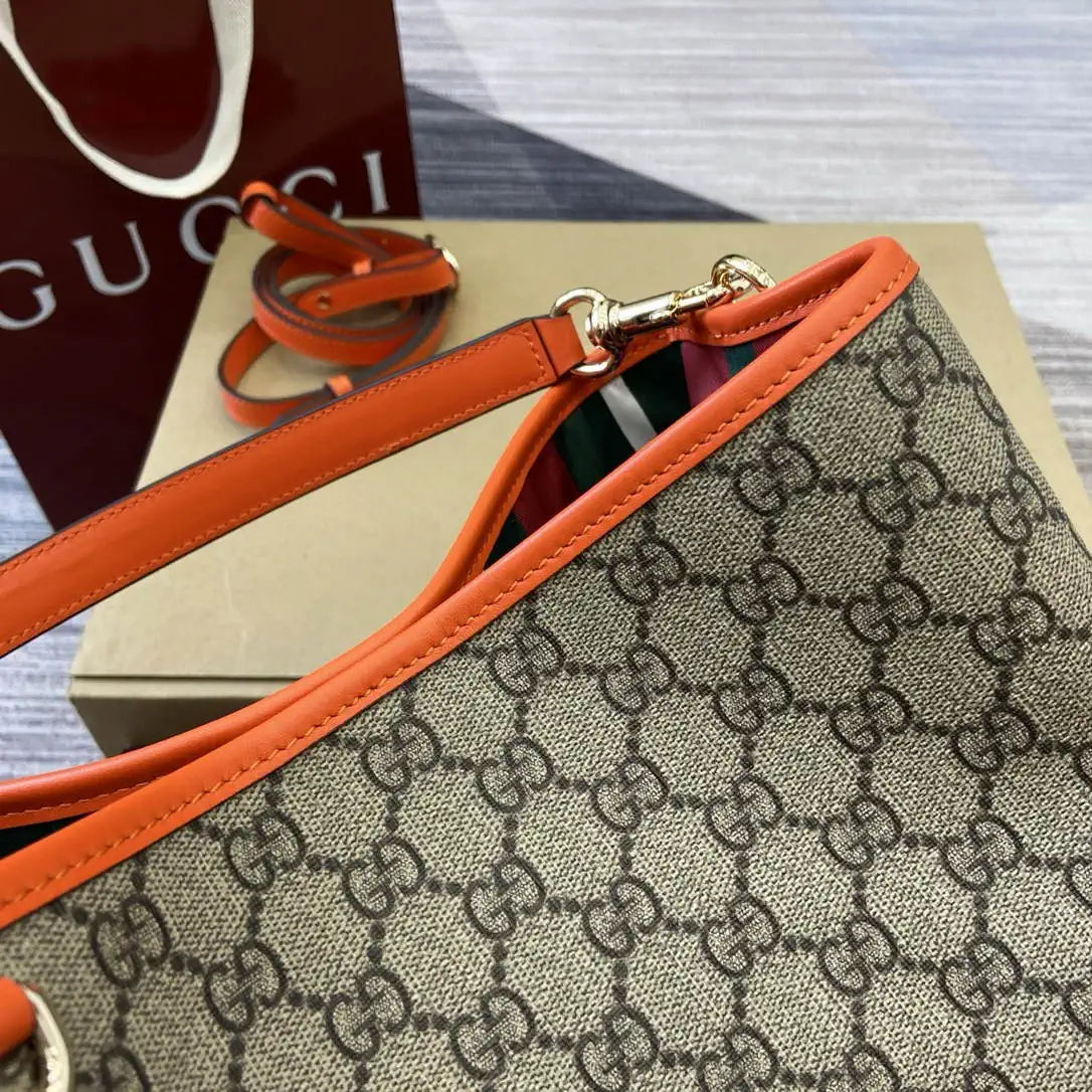 Gucci 815103 GG Emblem bucket bag Beige and Orange GG fabric
