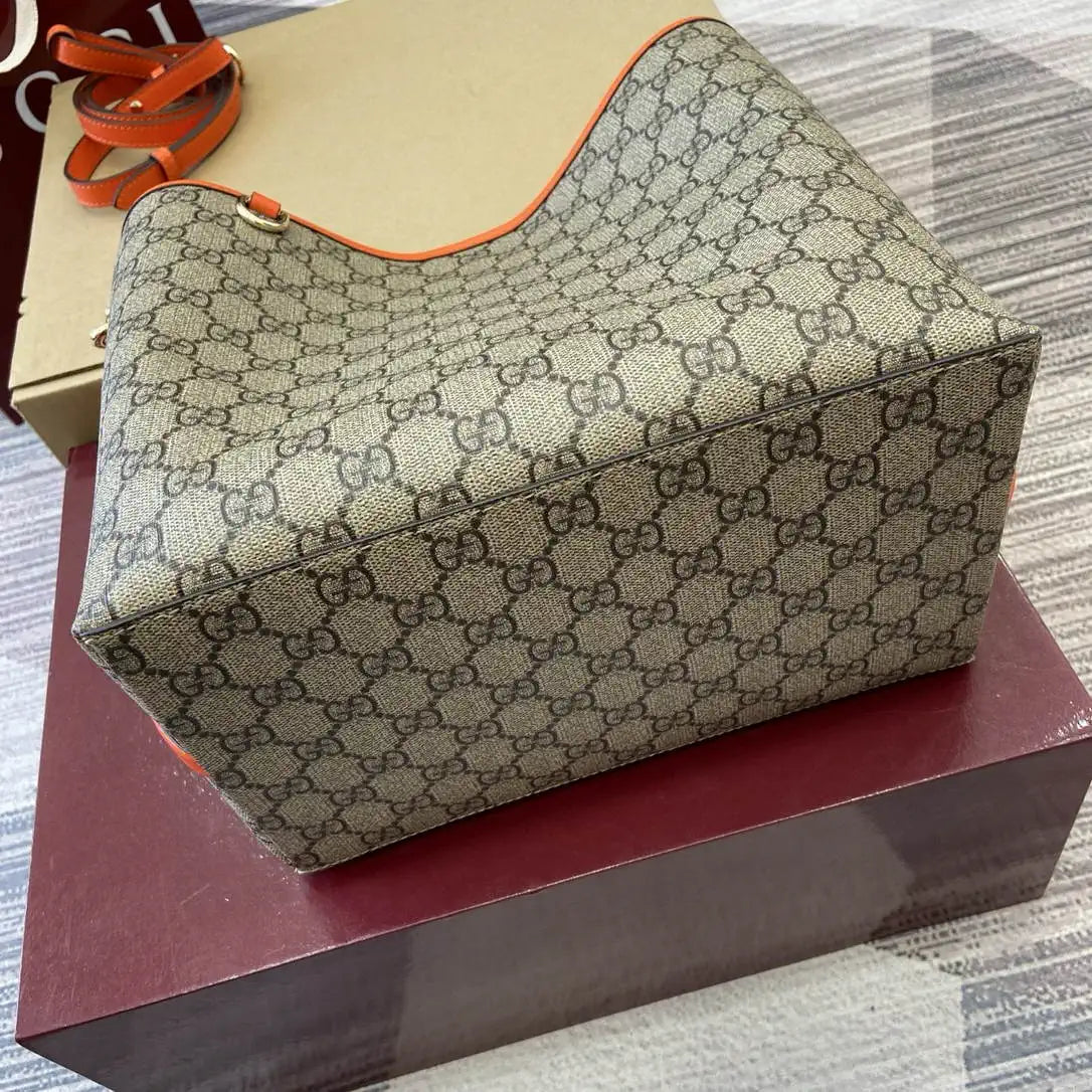 Gucci 815103 GG Emblem bucket bag Beige and Orange GG fabric