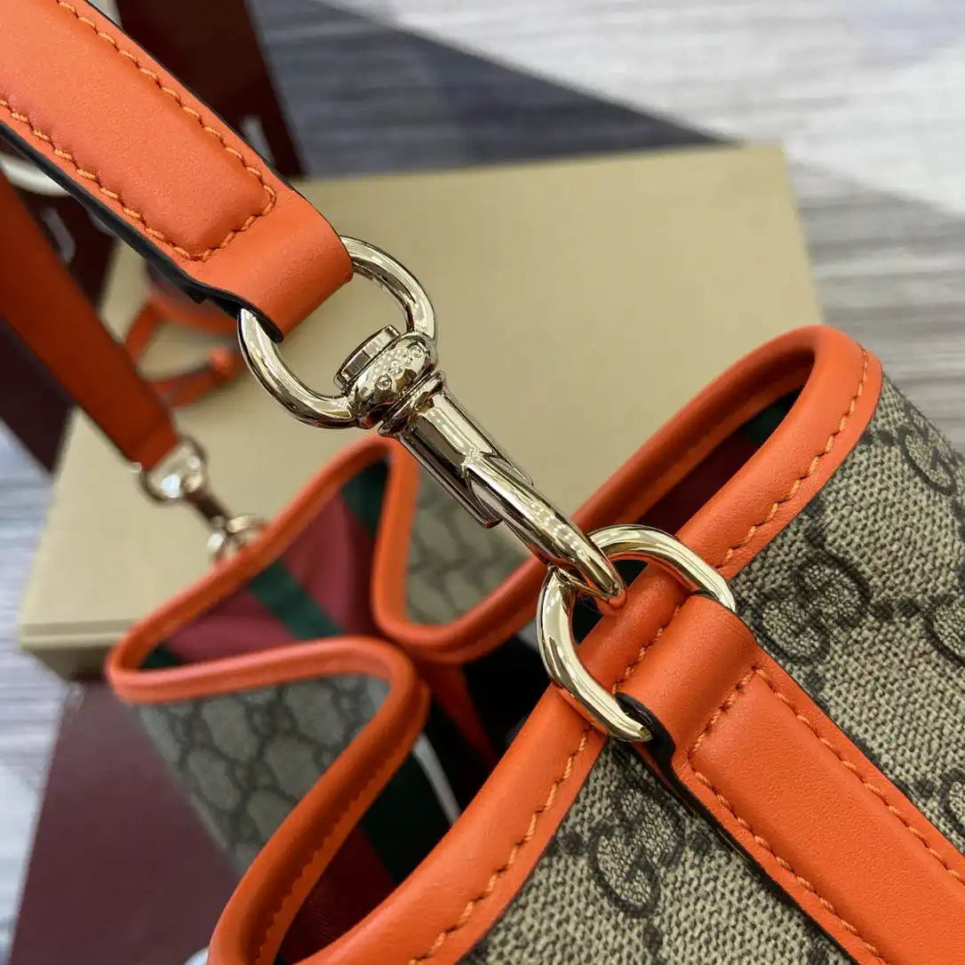 Gucci 815103 GG Emblem bucket bag Beige and Orange GG fabric
