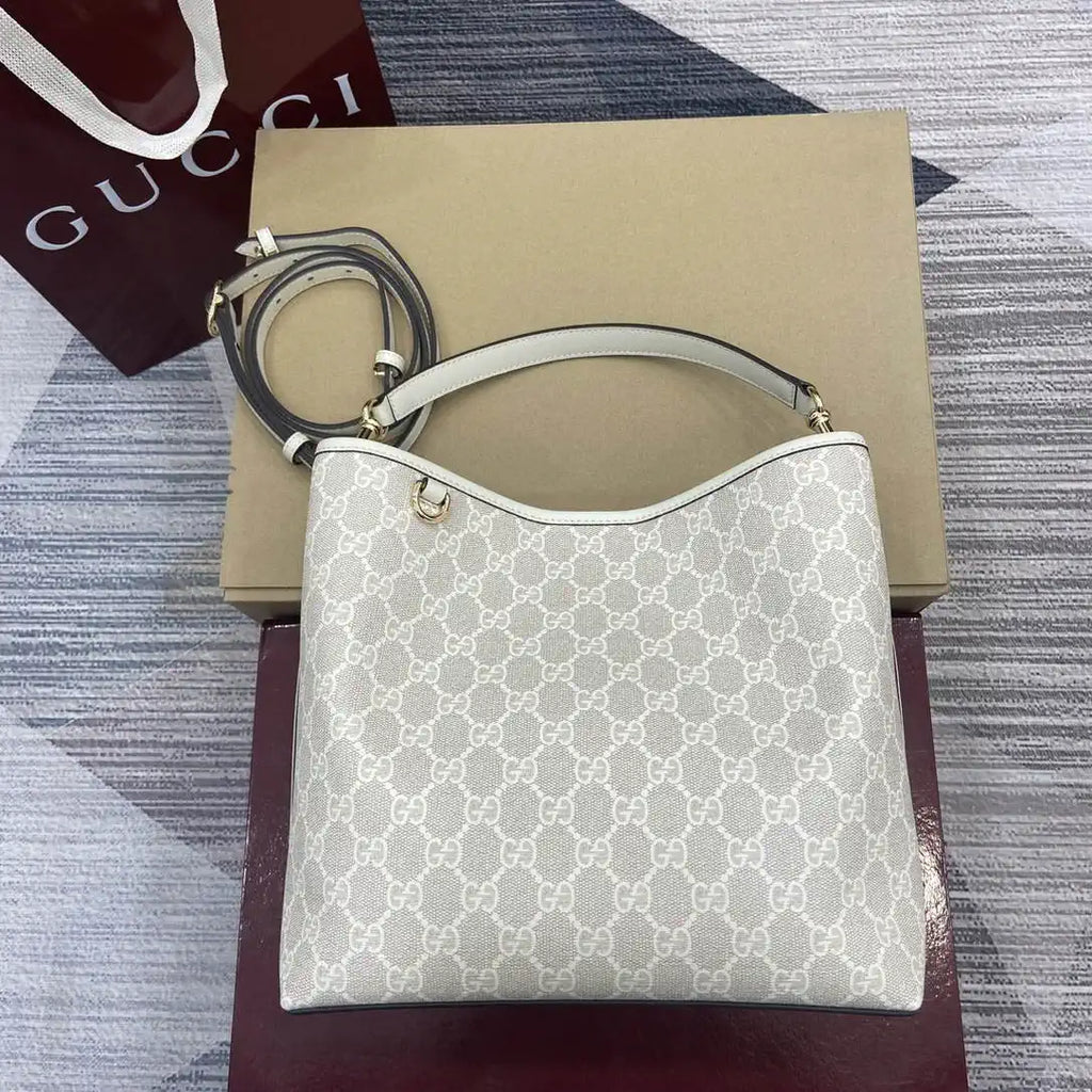 Gucci 815103 GG Emblem bucket bag Beige and White GG fabric