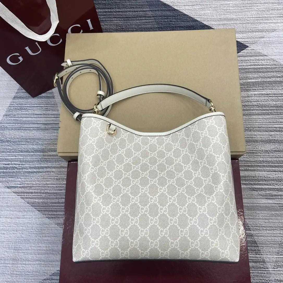 Gucci 815103 GG Emblem bucket bag Beige and White GG fabric