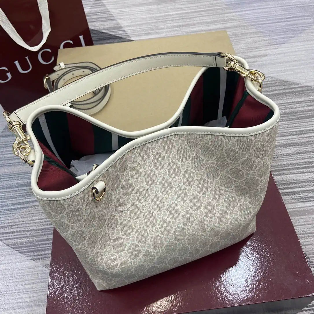 Gucci 815103 GG Emblem bucket bag Beige and White GG fabric