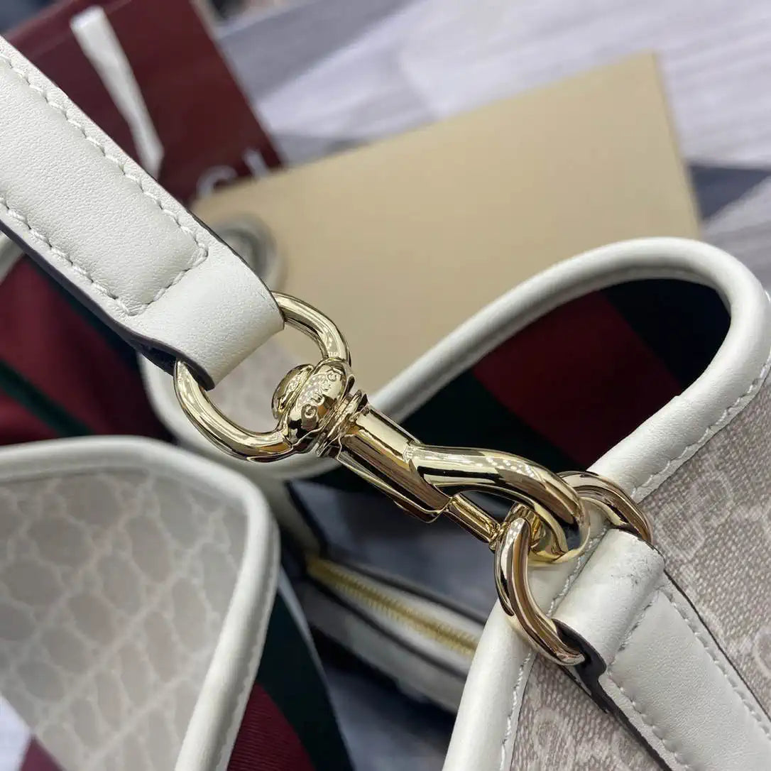 Gucci 815103 GG Emblem bucket bag Beige and White GG fabric