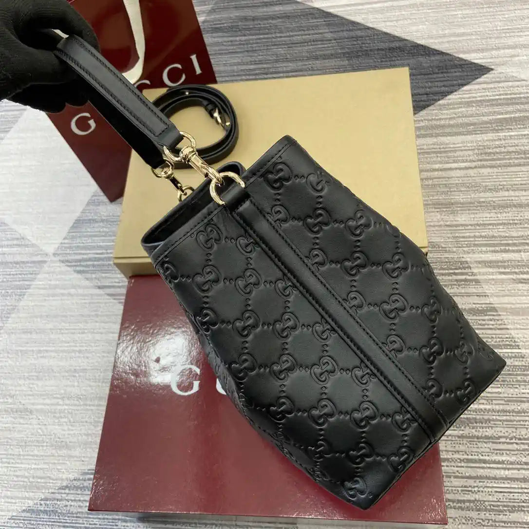 Gucci 815103 GG Emblem bucket bag Black Leather