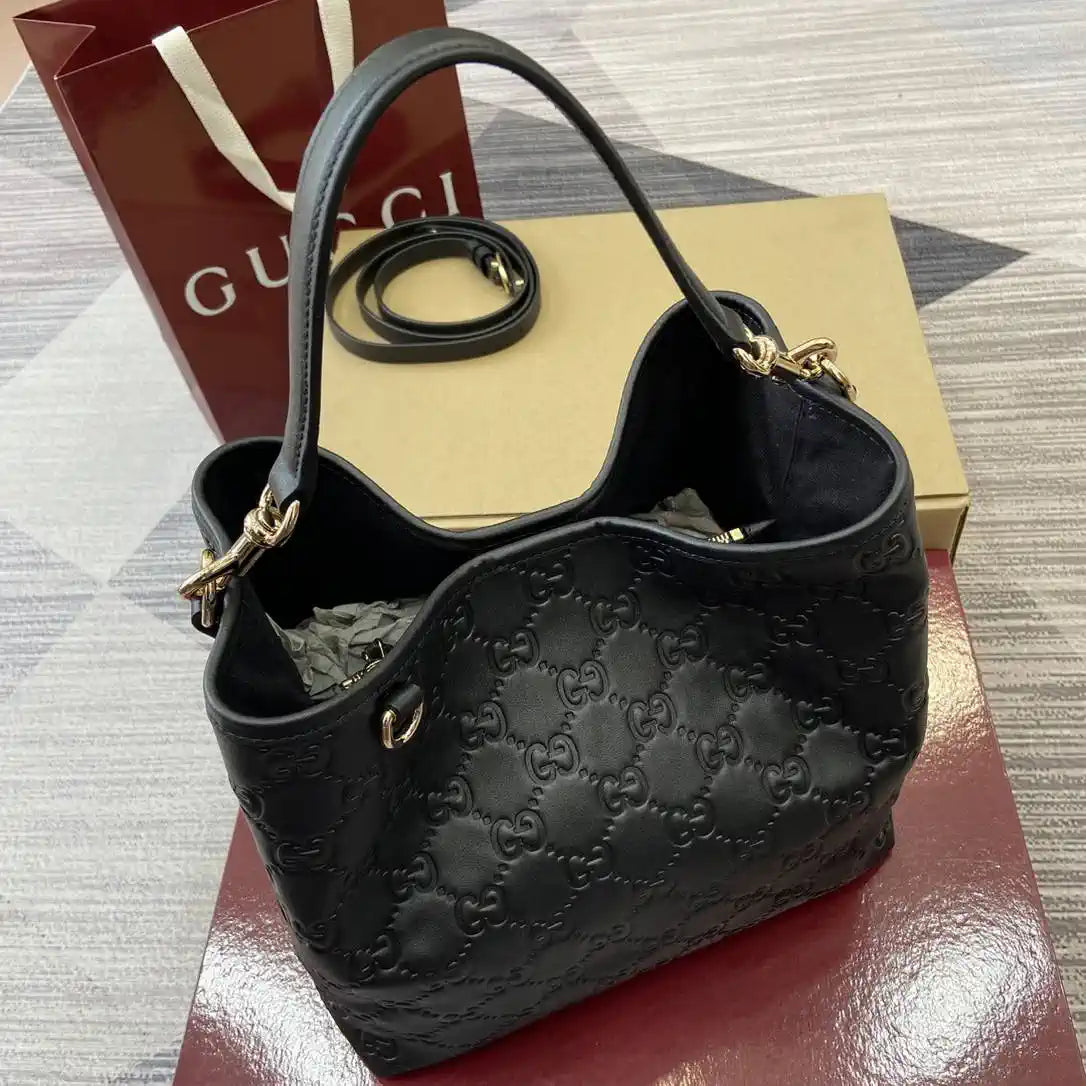 Gucci 815103 GG Emblem bucket bag Black Leather