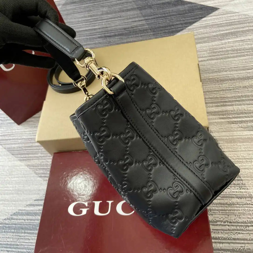 Gucci 815118 GG Emblem Mini Bucket Bag Black GG leather