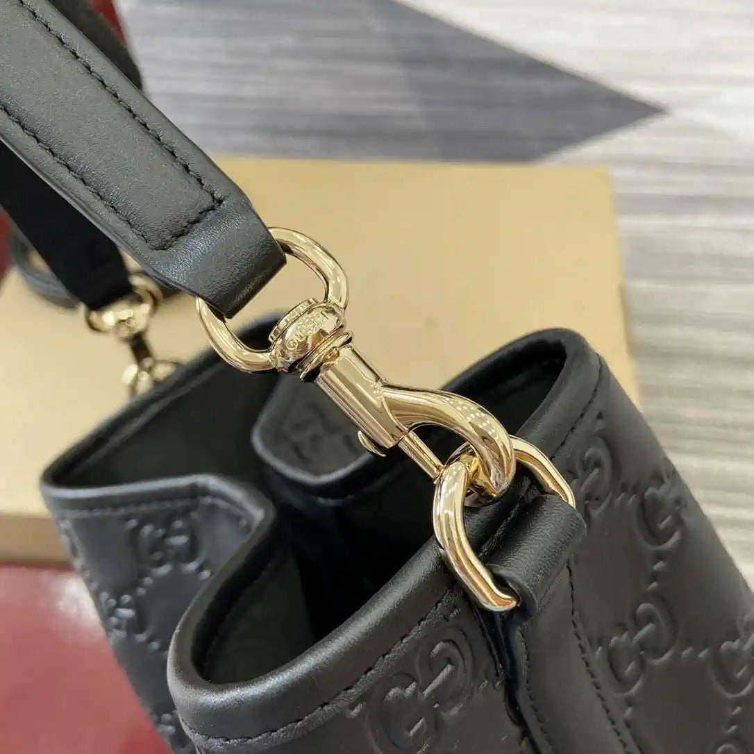 Gucci 815118 GG Emblem Mini Bucket Bag Black GG leather
