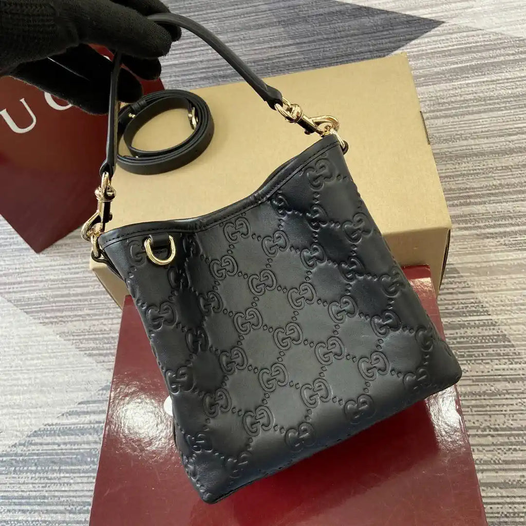 Gucci 815118 GG Emblem Mini Bucket Bag Black GG leather