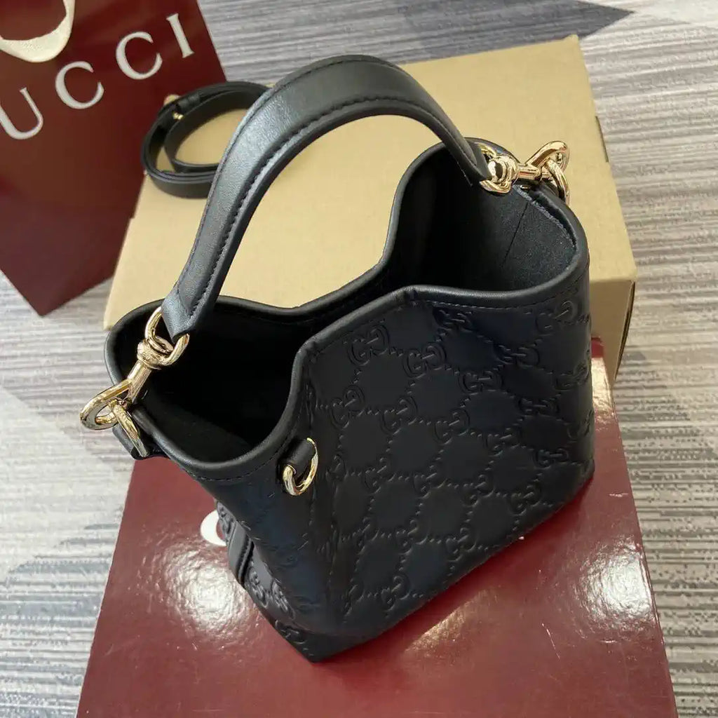Gucci 815118 GG Emblem Mini Bucket Bag Black GG leather