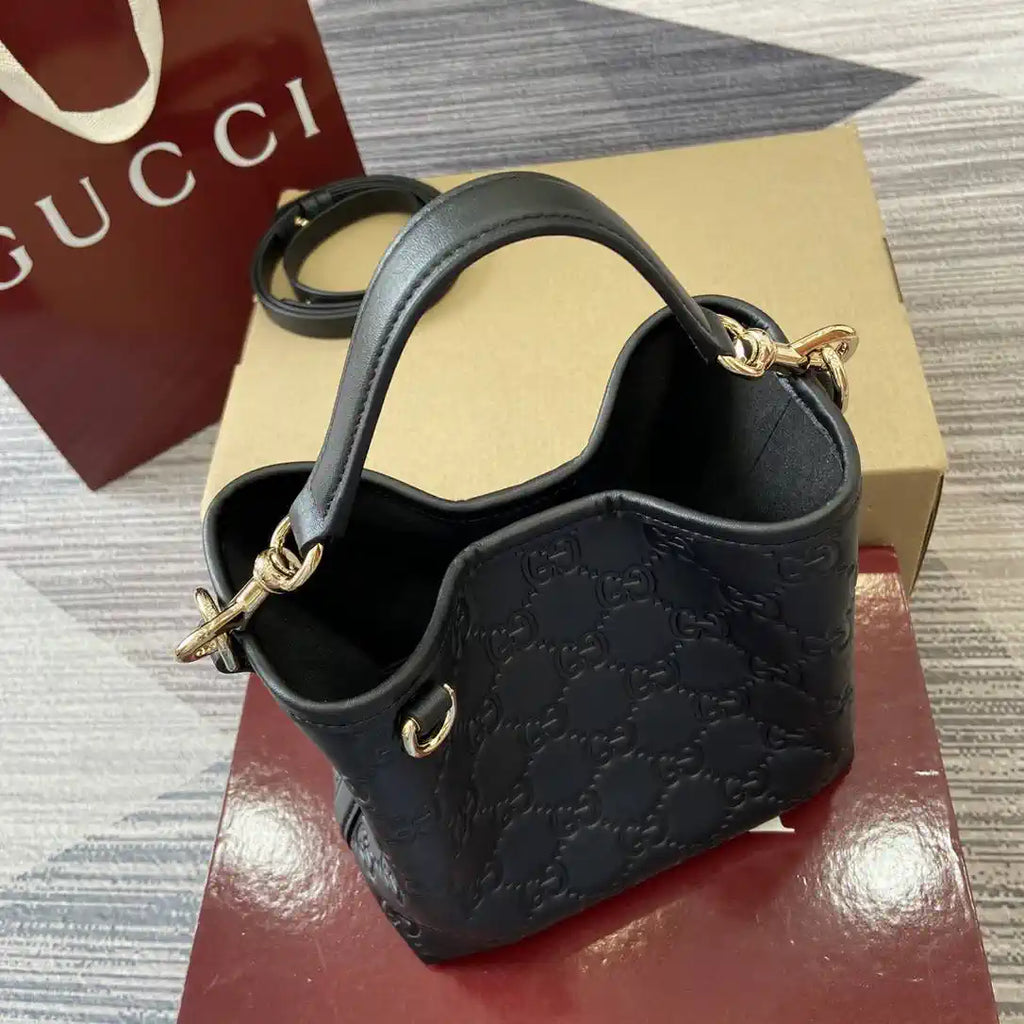 Gucci 815118 GG Emblem Mini Bucket Bag Black GG leather